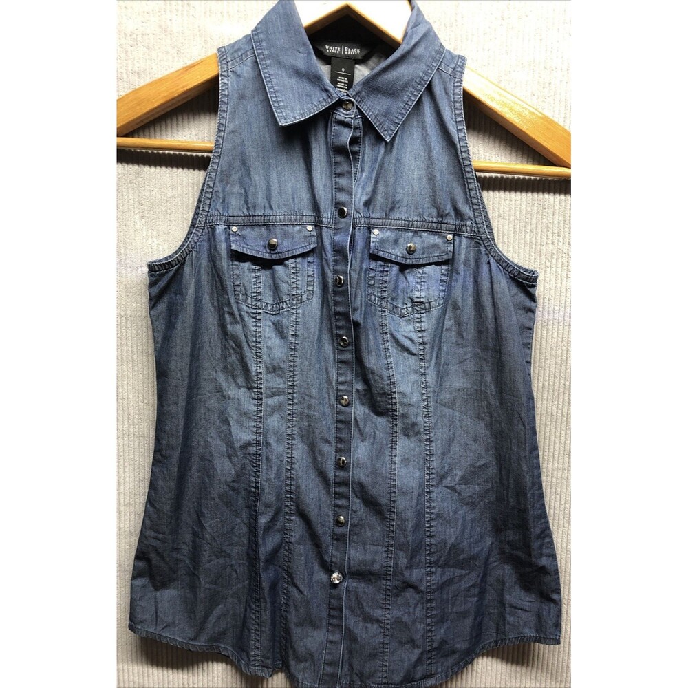 White House Black Market Denim Top Size 0 Silver Snap Button Bling Accent Button
